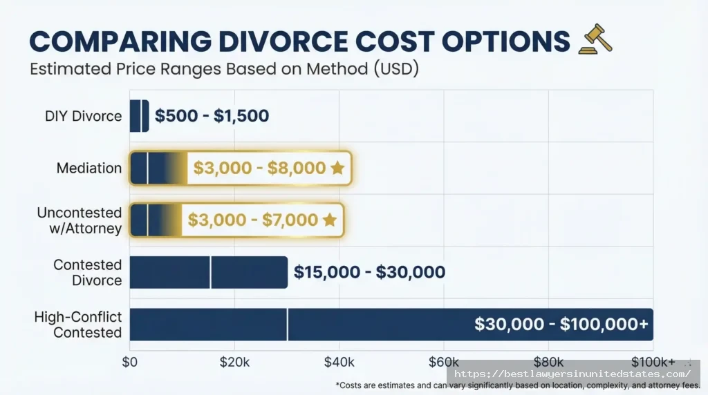 Bar chart comparing divorce costs from DIY divorce at $500 to contested divorce at $30,000 plus