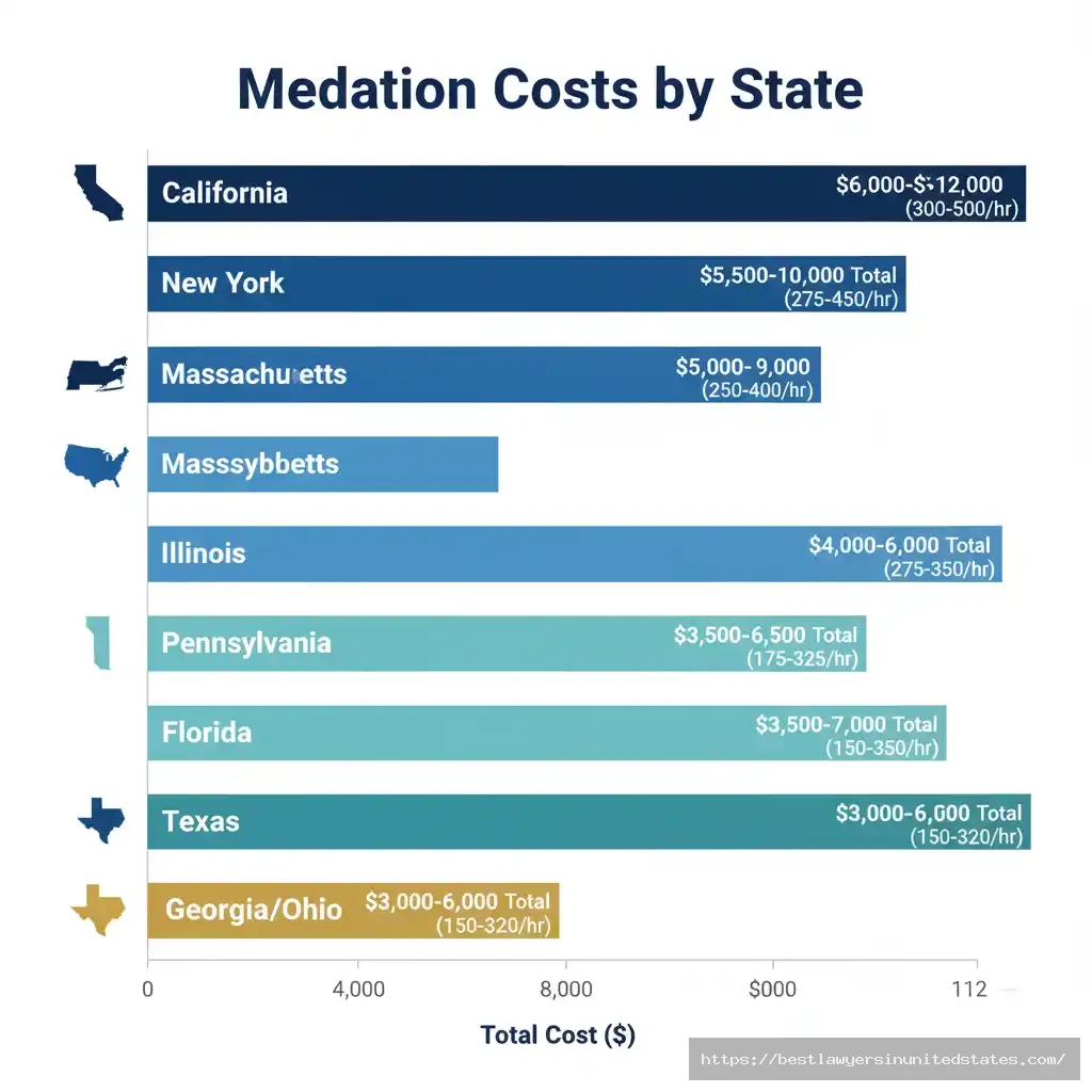 Bar chart comparing divorce mediation costs across states from $3,000 in Texas to $12,000 in California