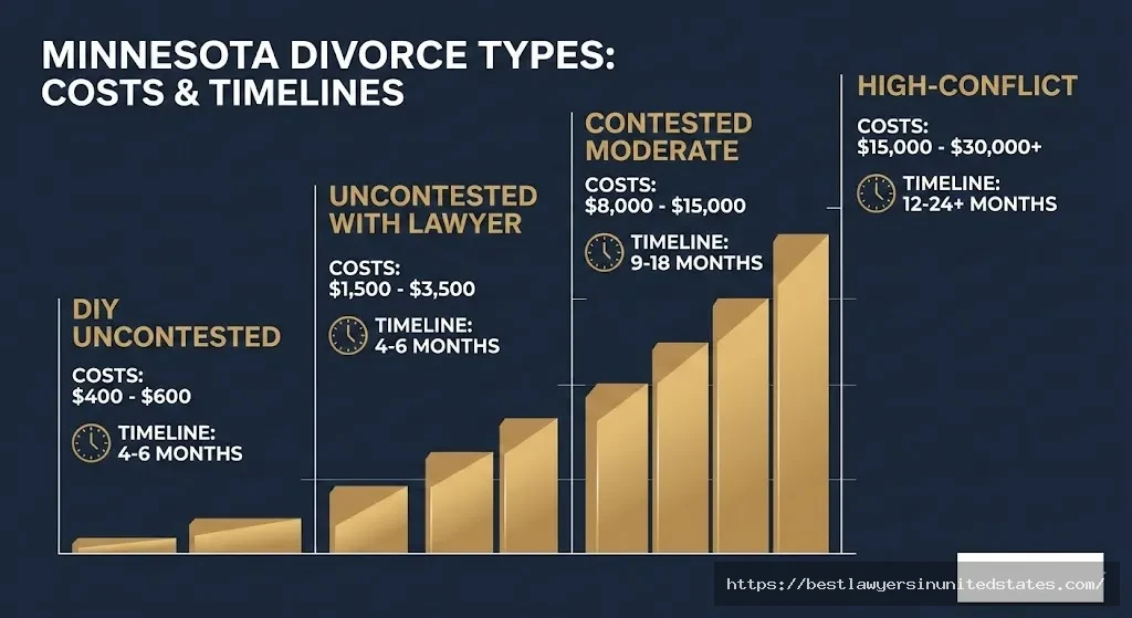 Bar chart comparing four types of Minnesota divorce costs and timelines from DIY uncontested to high-conflict contested cases