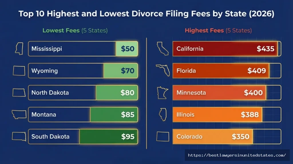 Bar chart comparing highest divorce filing fees California $435 versus lowest Mississippi $50 across ten states
