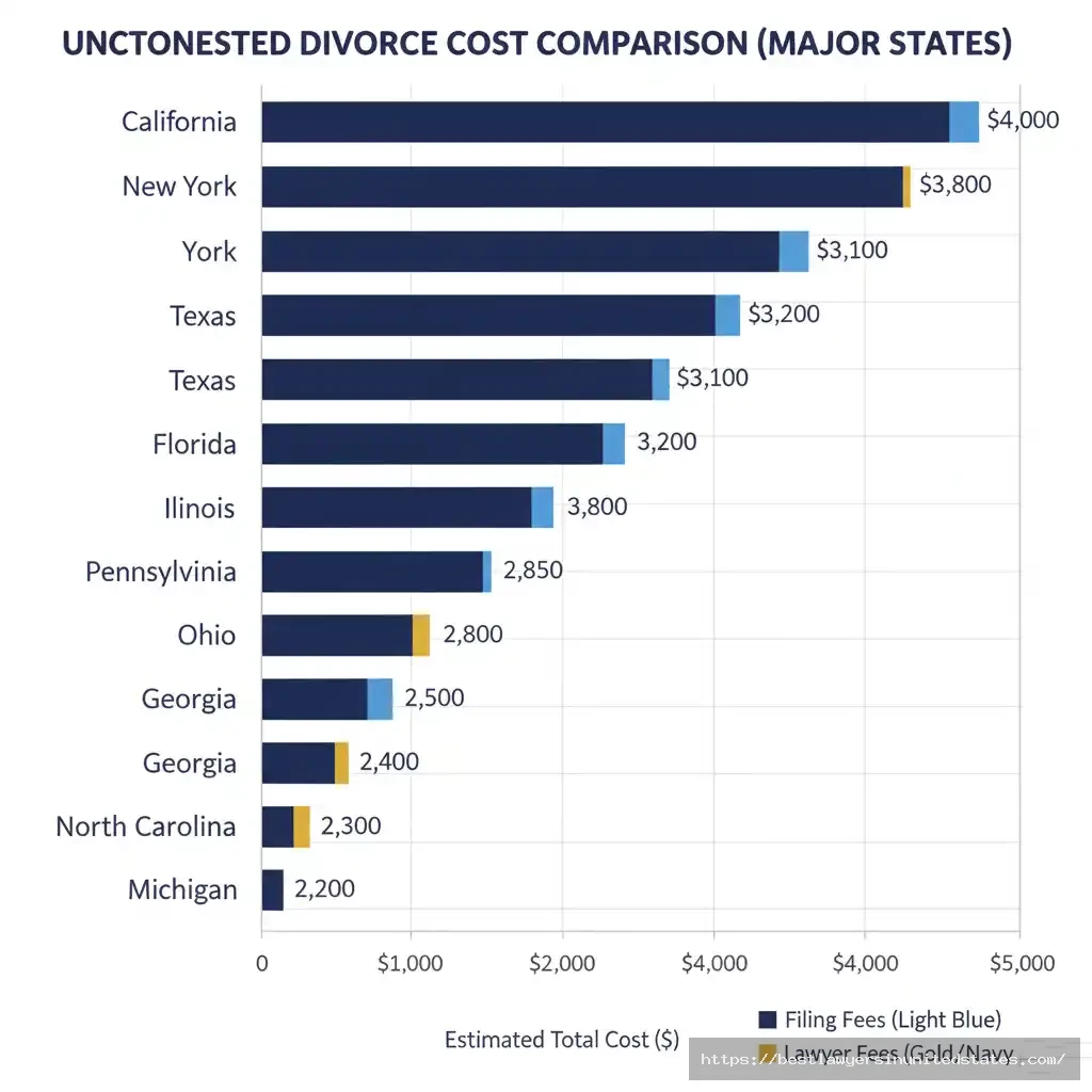 Bar chart comparing uncontested divorce costs in 10 major US states showing filing fees and total expenses