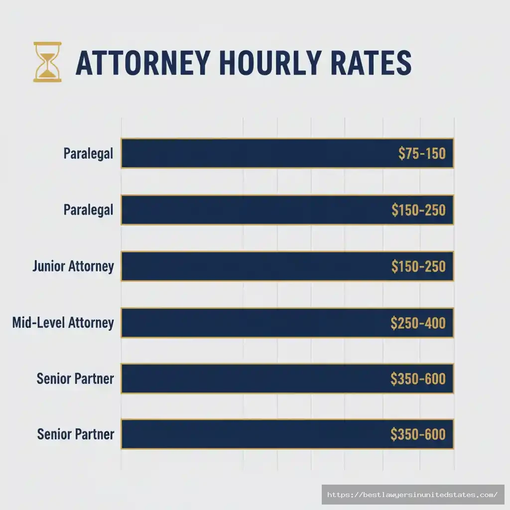 Bar chart displaying divorce attorney hourly rates ranging from $75 for paralegals to $600 for senior partners