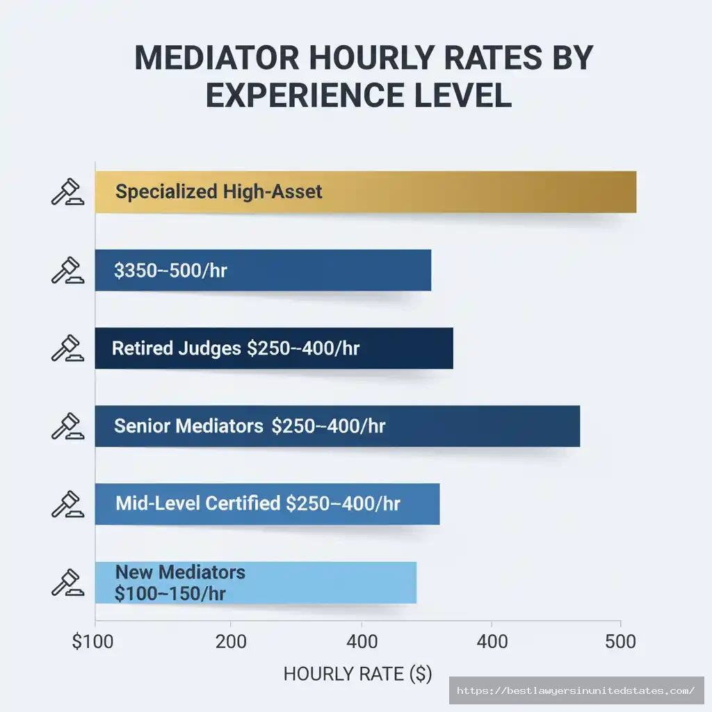 Bar chart displaying divorce mediator hourly rates ranging from $100 for new mediators to $500 for specialized high-asset mediators