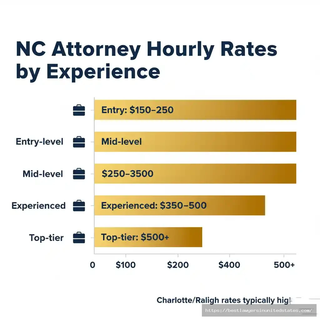 Bar chart showing North Carolina divorce attorney hourly rates from $150-$250 for entry-level to $500+ for top-tier lawyers