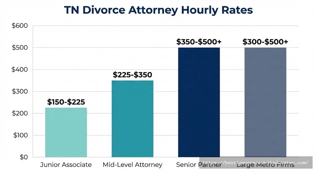 Bar chart showing Tennessee divorce attorney hourly rates ranging from $150 for junior associates to $500+ for senior partners