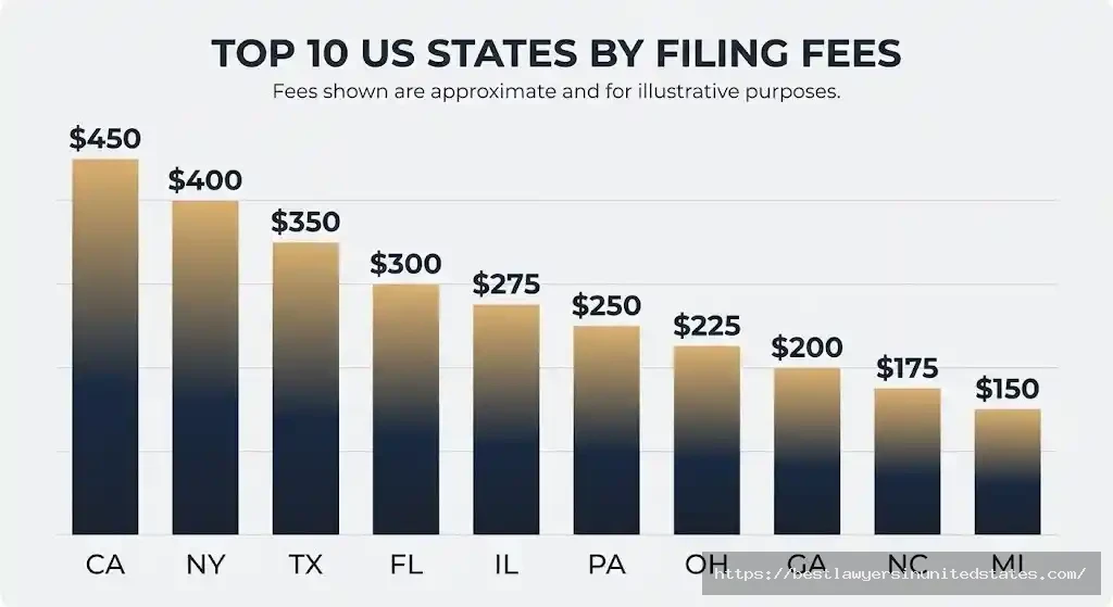 Bar chart showing divorce filing fees by state ranging from $300 to $450 across major US states