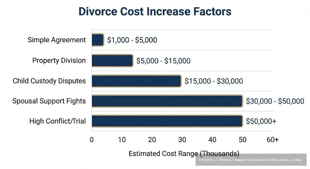 Bar chart showing how child custody disputes, property division, and conflict level increase Indiana divorce costs