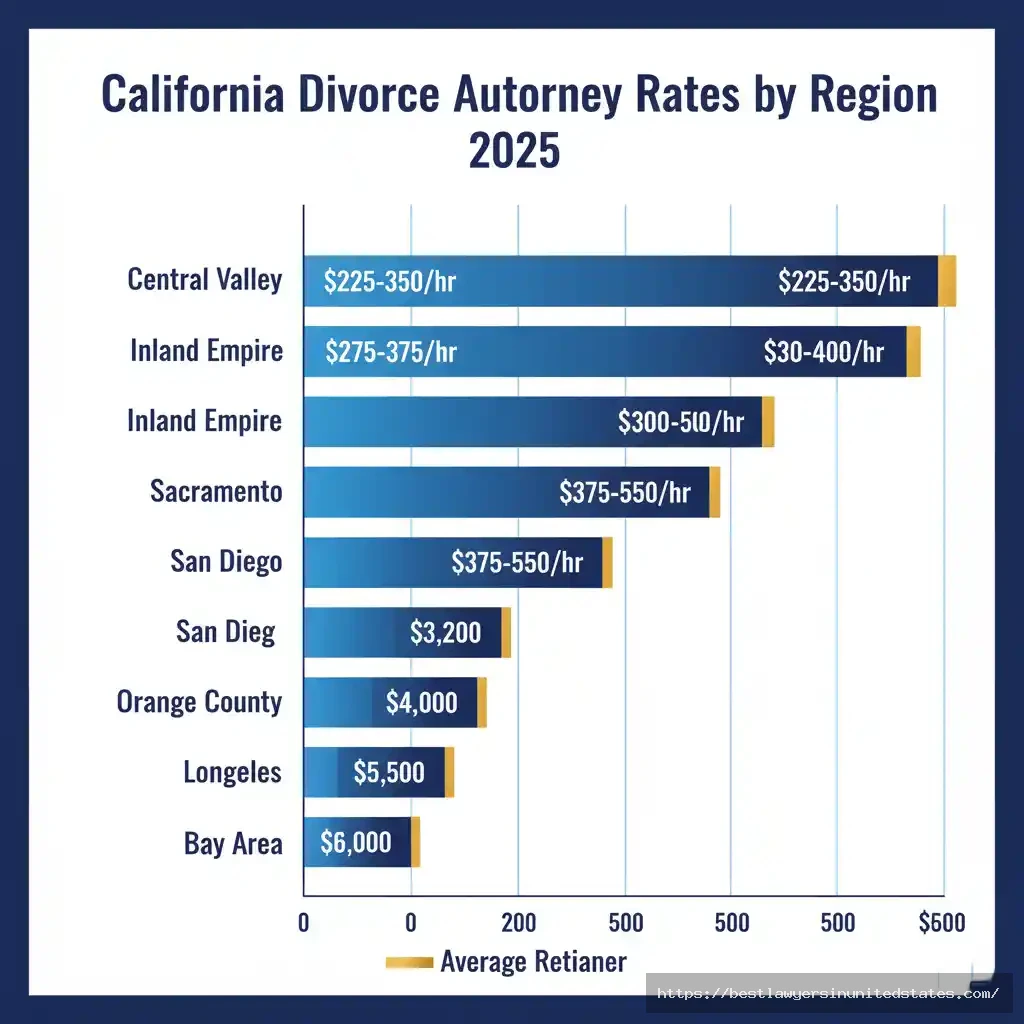 Bar graph comparing California divorce lawyer hourly rates from $225-350hr in Central Valley to $400-600hr in Bay Area