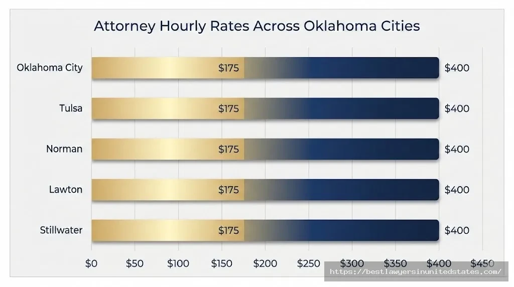 Bar graph comparing divorce attorney hourly rates in Oklahoma City, Tulsa, Norman and other OK cities ranging from $200 to $400 per hour