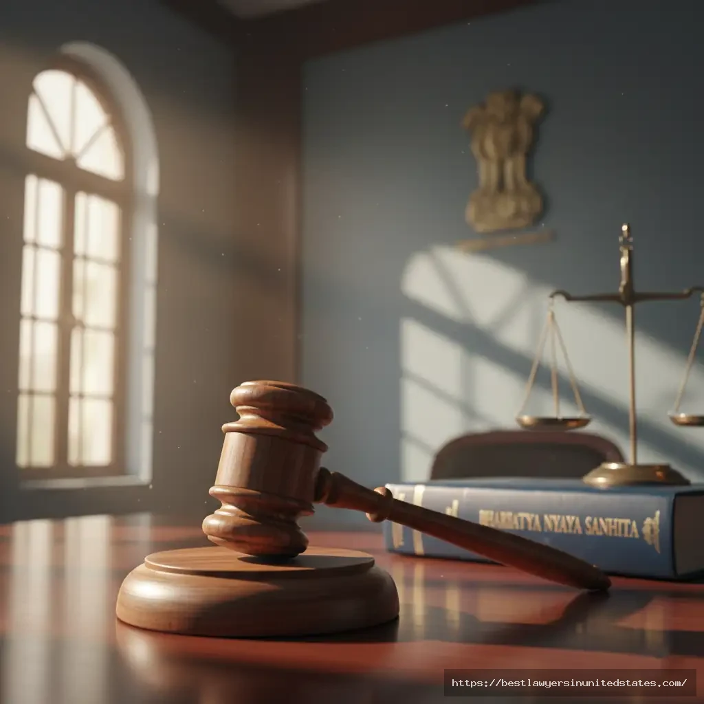 Bharatiya Nyaya Sanhita law book with judge's gavel representing Section 351 BNS criminal intimidation law in Indian legal system