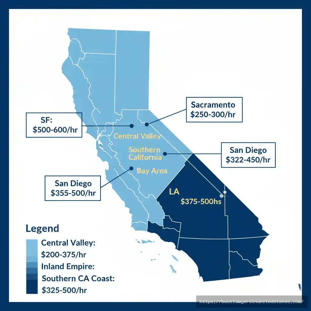 California divorce attorney rates by county map showing Bay Area highest at $400-600hr and Central Valley lowest at $200-350hr
