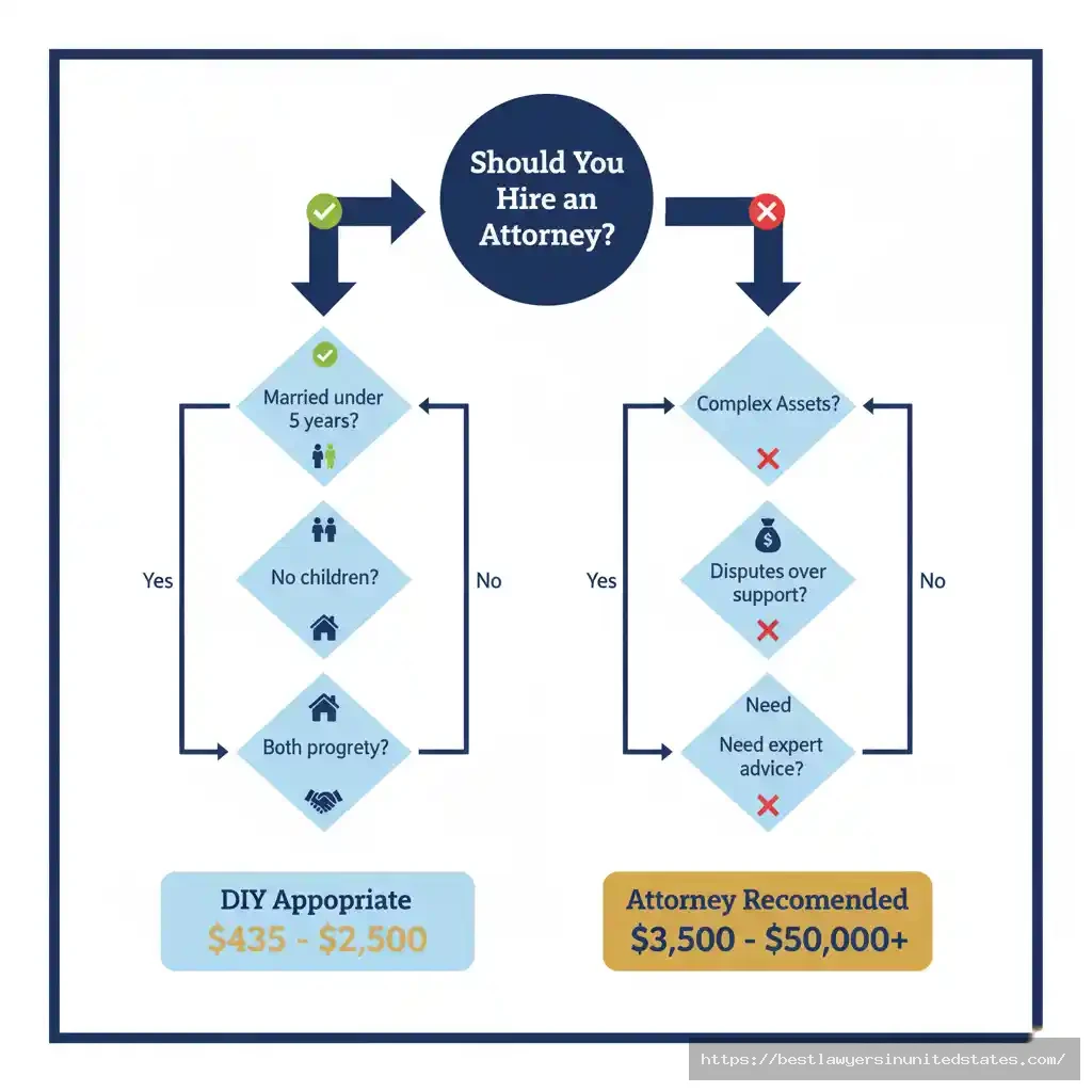 California divorce decision flowchart showing when DIY ($435-2,500) is appropriate versus when attorney representation ($3,500+) is necessary