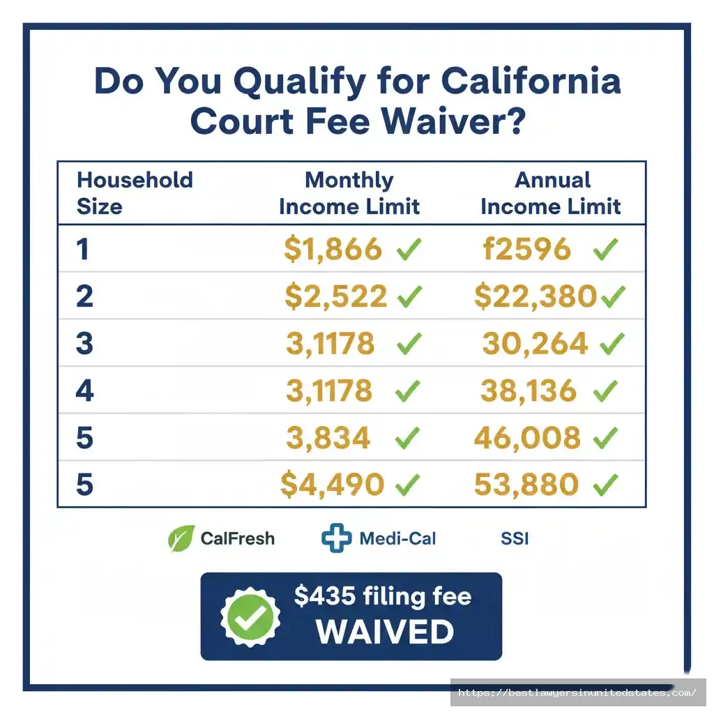 California divorce fee waiver income eligibility table showing households earning under $1,580-3,806month qualify for $435 filing fee waiver