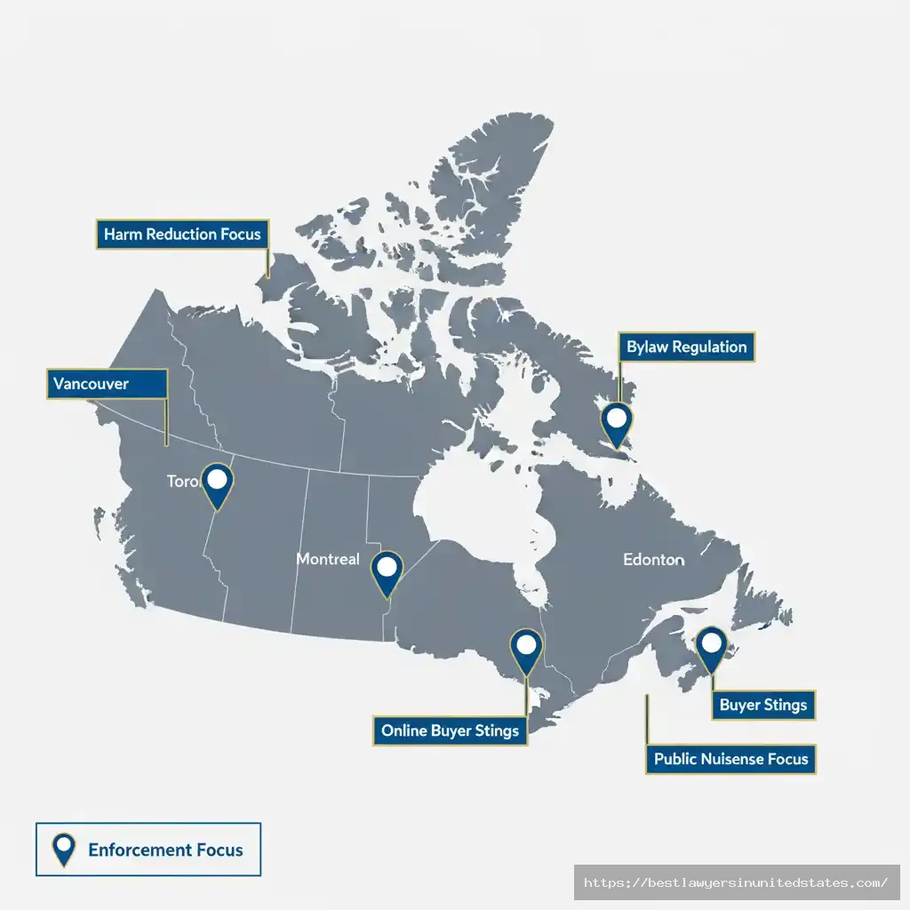 Canada map with city callouts illustrating differing enforcement emphases.