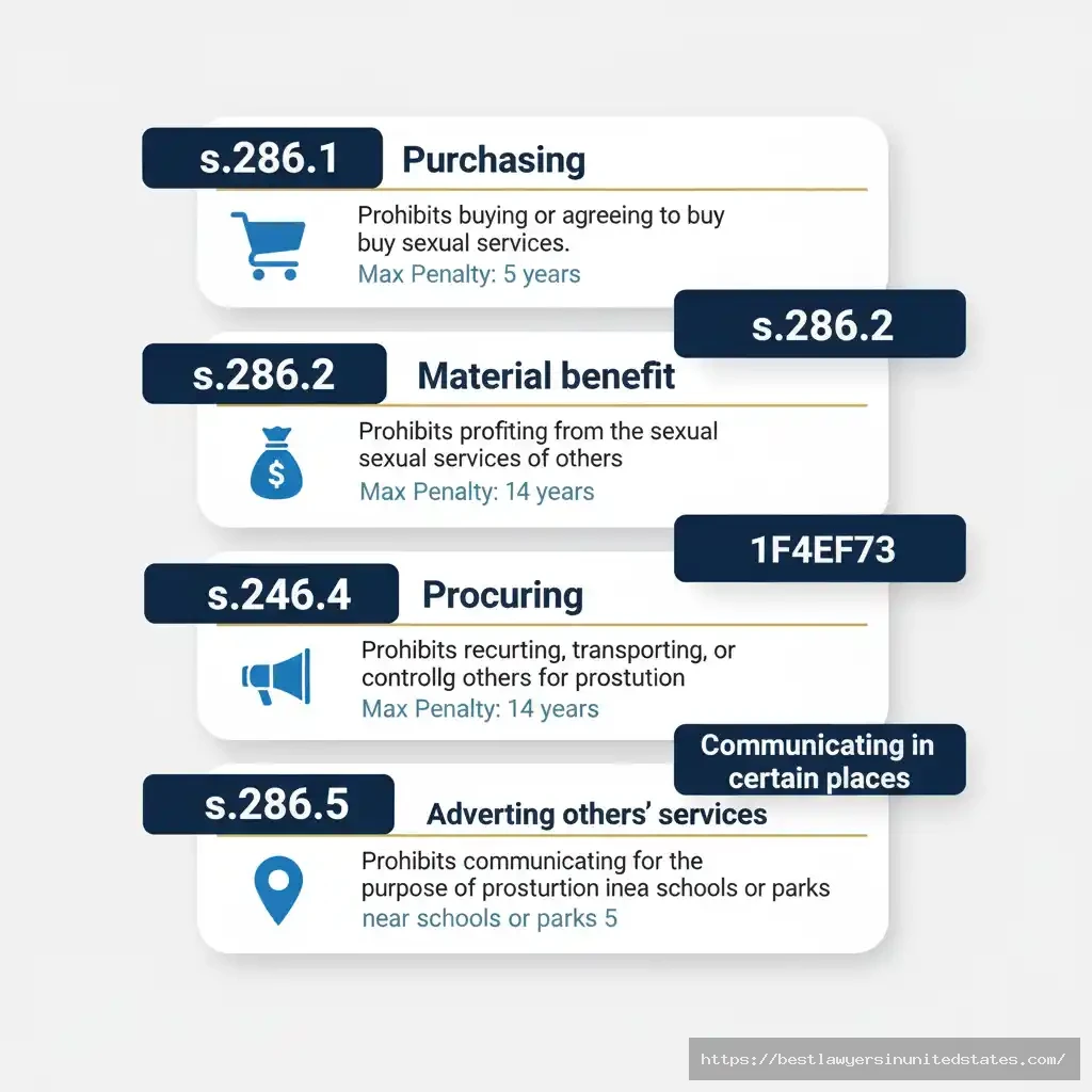 Card-style infographic summarizing Canada’s five prostitution-related criminal offences.