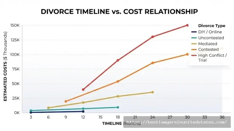 Chart showing how Massachusetts divorce costs increase dramatically over time from $1,500 at 4 months to $150,000+ at 36 months