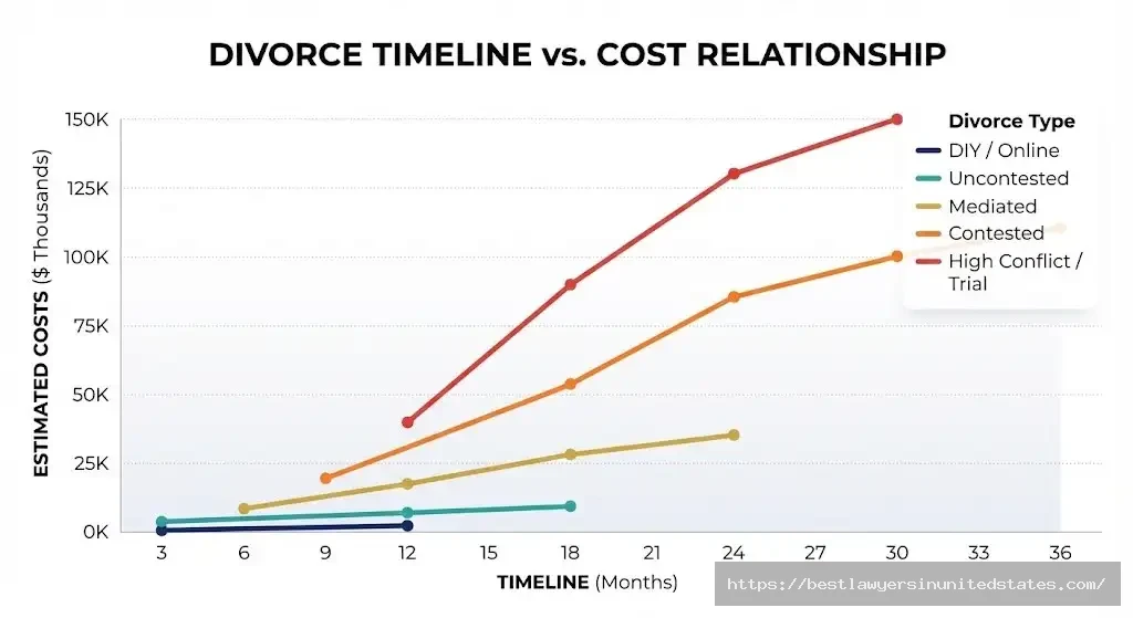 Chart showing how Massachusetts divorce costs increase dramatically over time from $1,500 at 4 months to $150,000+ at 36 months
