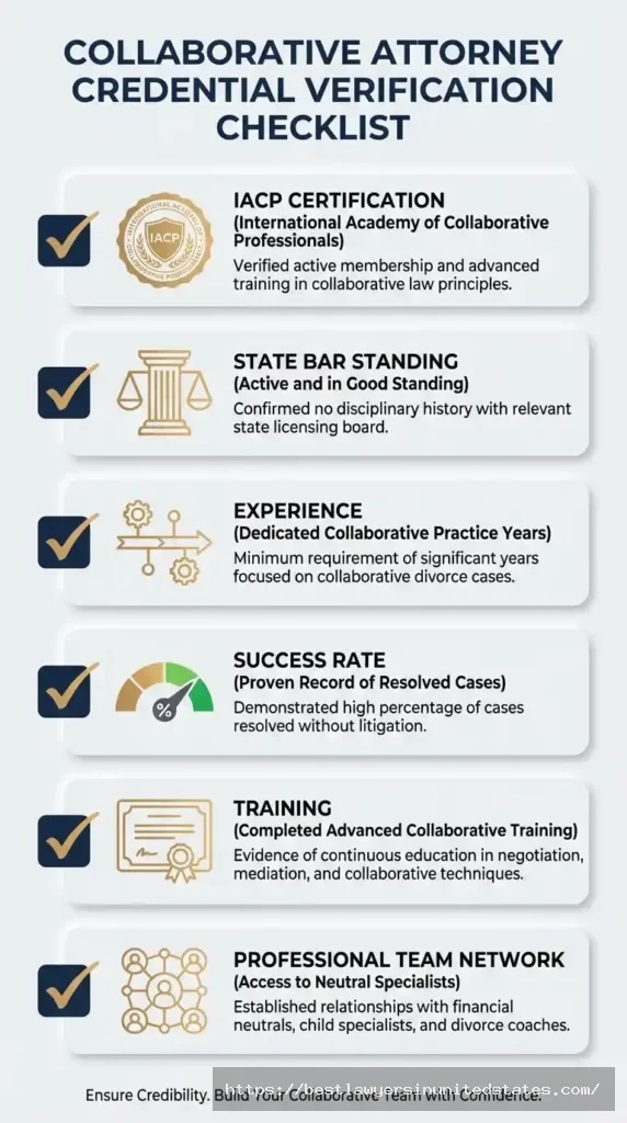 Checklist for finding qualified collaborative divorce attorney including IACP certification and state bar membership