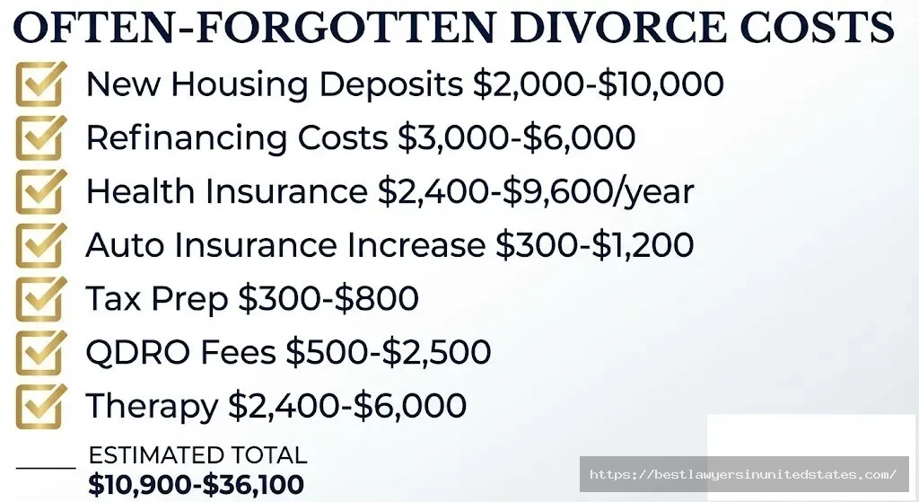Checklist infographic of hidden Minnesota divorce costs including housing deposits, refinancing, insurance changes, and therapy totaling $10,900-$36,100