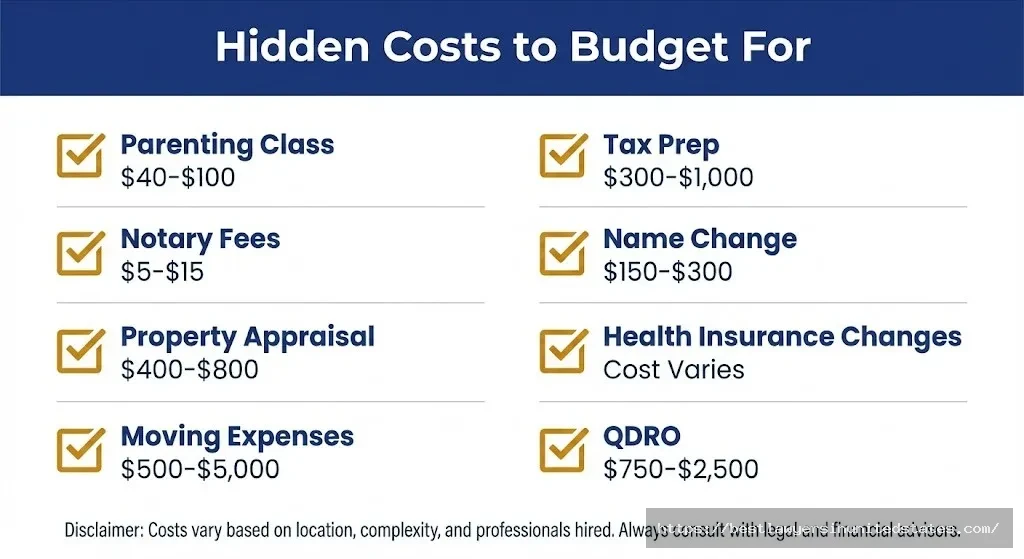 Checklist infographic of hidden Oregon divorce costs including parenting classes, notary fees, appraisals, and moving expenses