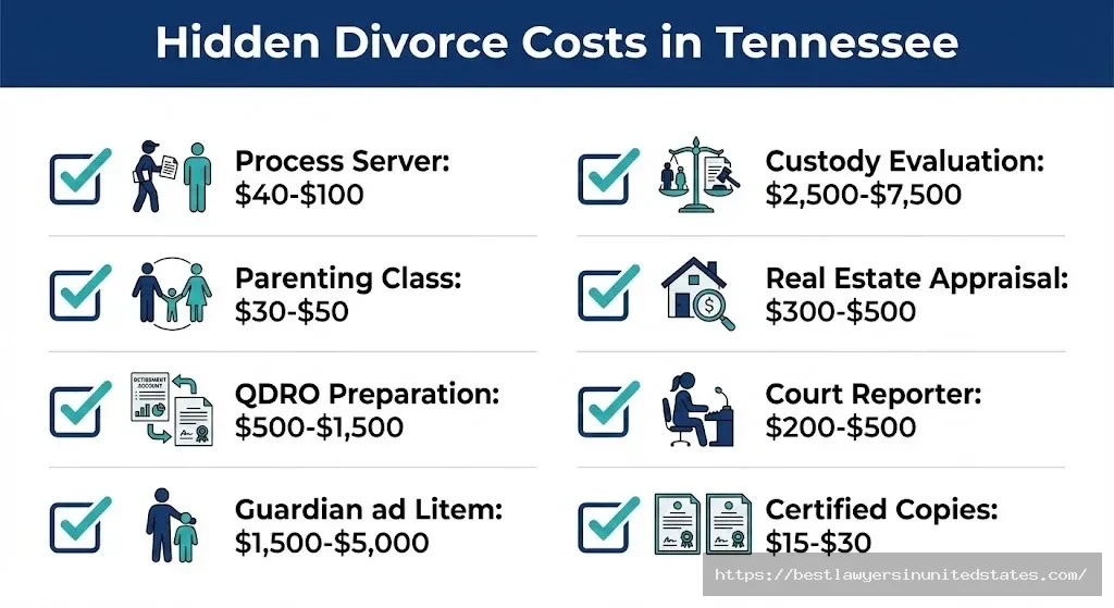 Checklist infographic of hidden Tennessee divorce costs including parenting classes, QDRO preparation, and guardian ad litem fees