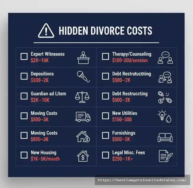 Checklist infographic of hidden Texas divorce costs including expert witnesses, depositions, Guardian ad Litem fees, and moving expenses