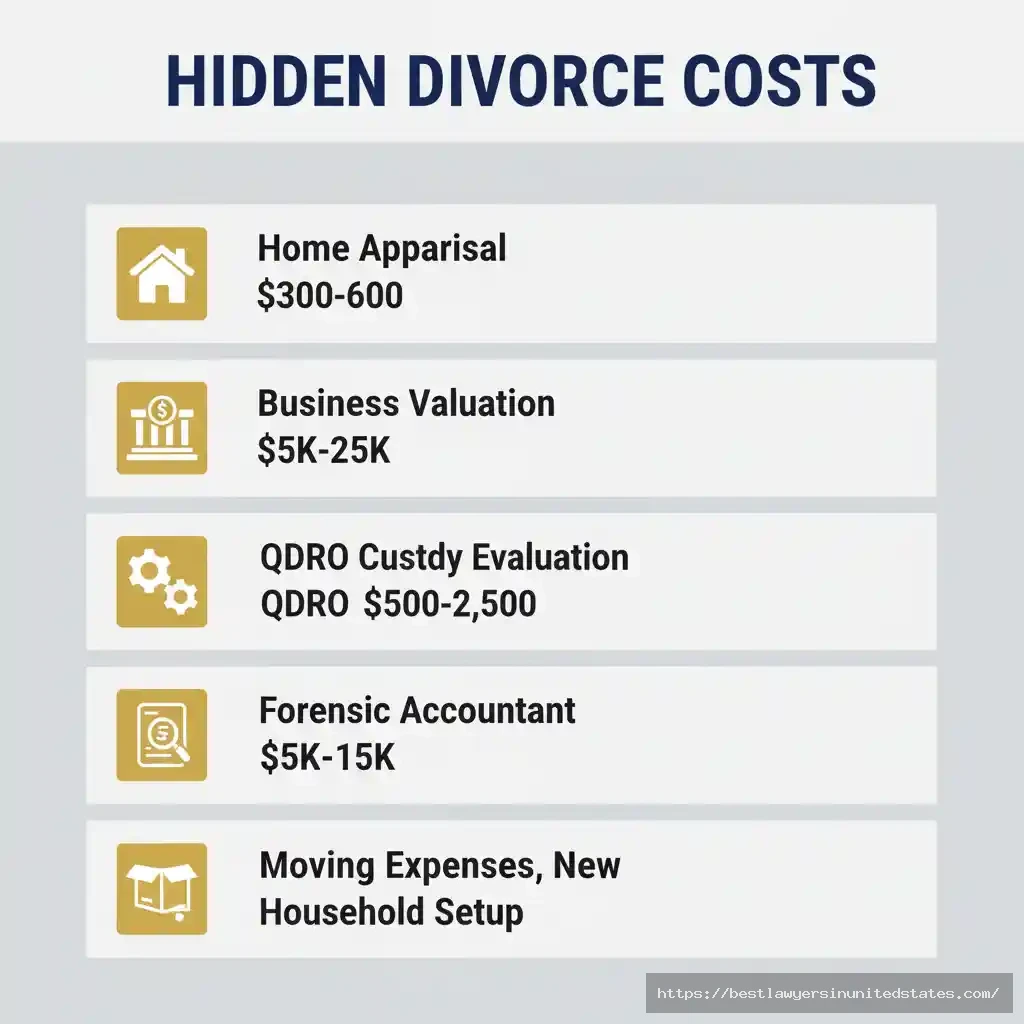Checklist infographic showing 8 hidden divorce costs including appraisals, valuations, and expert fees