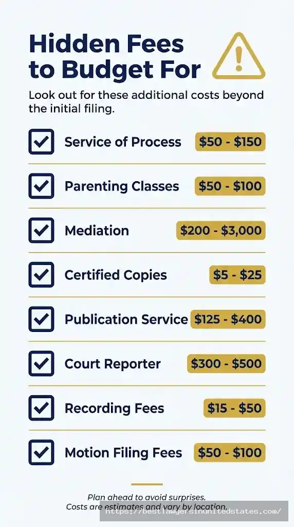 Checklist infographic showing eight hidden divorce fees including service of process, mediation, and court reporter costs
