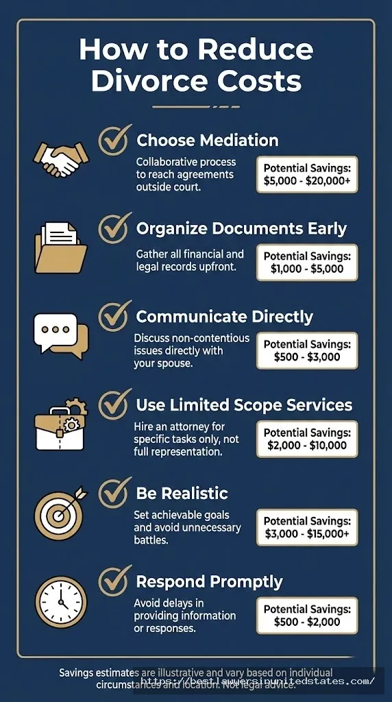 Checklist infographic showing strategies to reduce Indiana divorce costs through mediation, organization, and communication