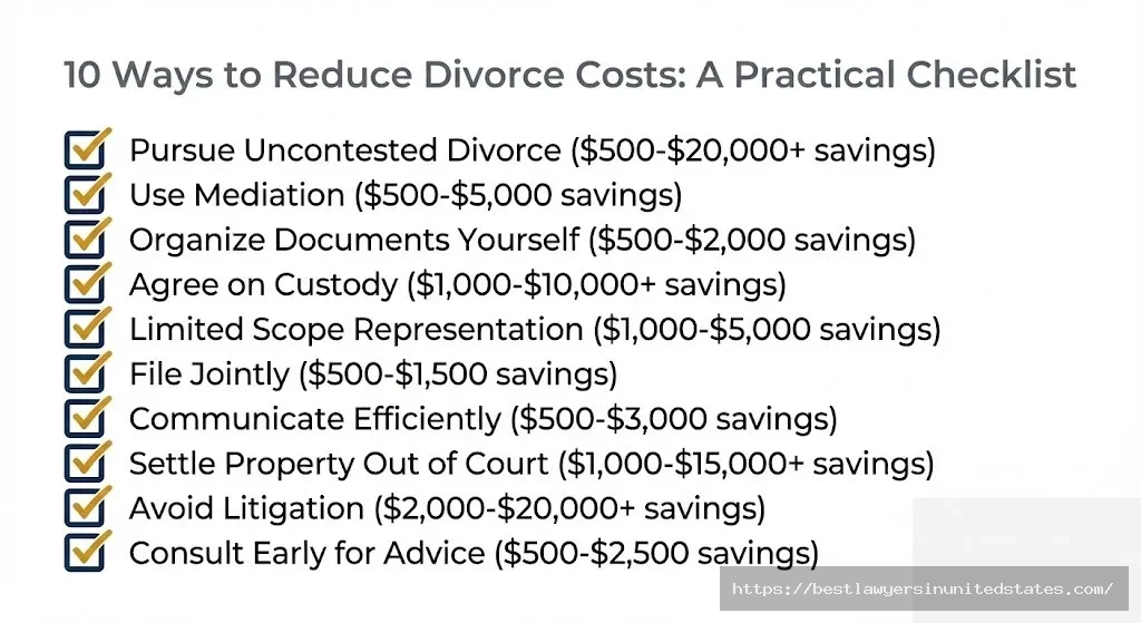 Checklist of 10 proven strategies to reduce Alabama divorce costs including mediation, document organization, and limited scope representation saving $500-20000