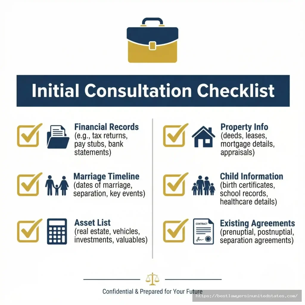 Checklist of documents to bring to initial divorce attorney consultation including financial records and asset information
