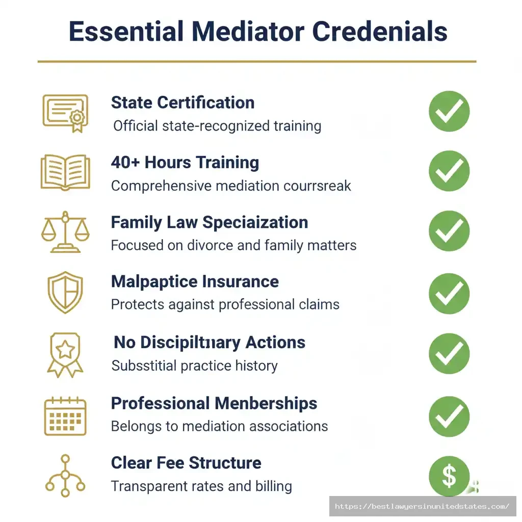 Checklist of essential mediator credentials including state certification, 40+ hours training, and 3+ years experience