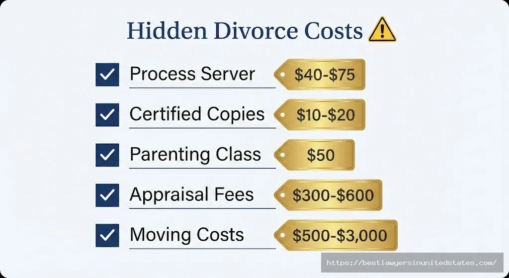 Checklist of hidden Arkansas divorce costs including process server fees, parenting classes, and moving expenses