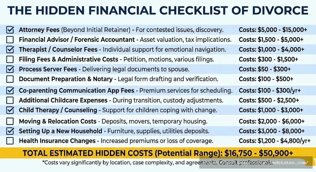 Checklist of hidden Massachusetts divorce costs including appraisals, evaluations, moving expenses totaling $5,000-$25,000