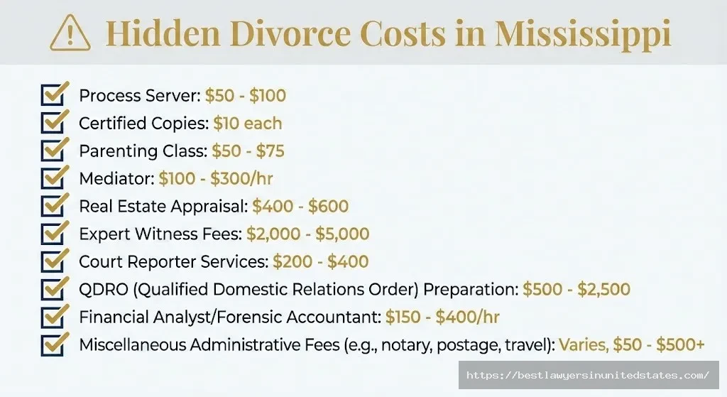 Checklist of hidden Mississippi divorce costs including process server fees, court reporters, appraisals, and expert witnesses totaling thousands