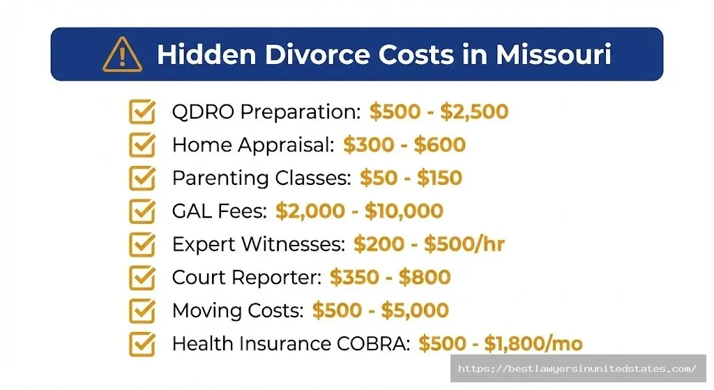 Checklist of hidden Missouri divorce costs including QDRO, appraisals, and expert witness fees