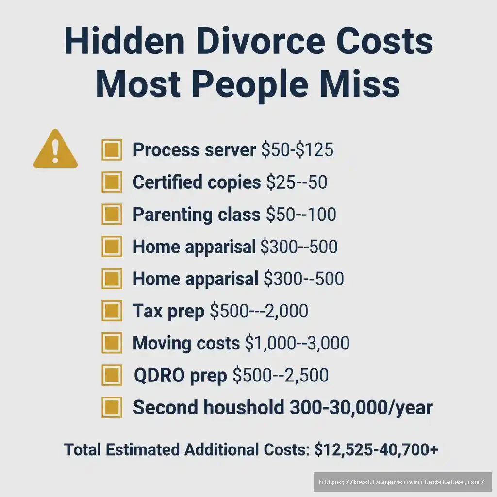 Checklist of hidden North Carolina divorce costs including process server fees, home appraisal, tax preparation, and second household expenses totaling $10,000-$35,000