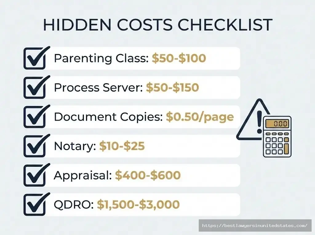 Checklist of hidden divorce costs in Arizona including parenting classes, process server fees, and document costs