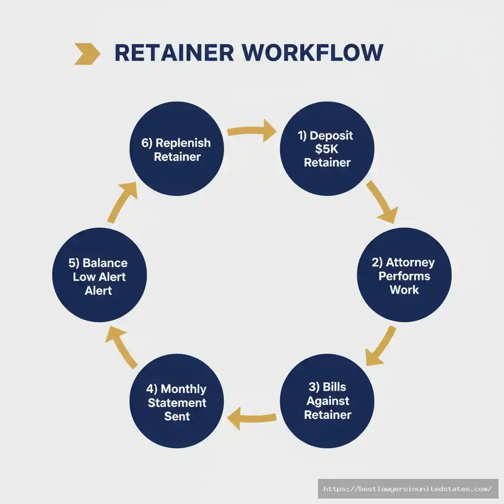 Circular diagram illustrating the 6-step attorney retainer deposit and billing process