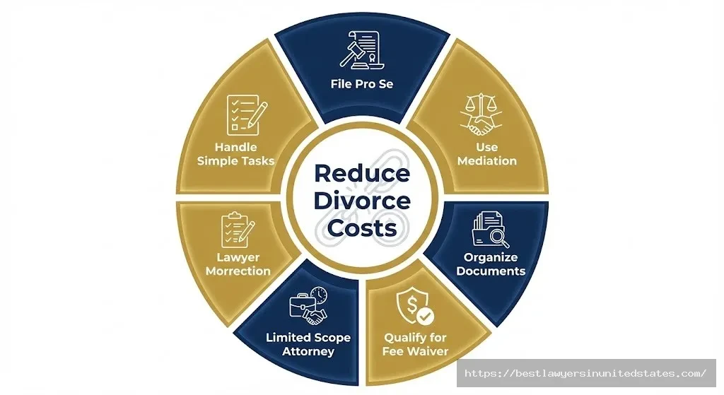 Circular infographic showing 6 strategies to reduce Kansas divorce costs including filing pro se and using mediation