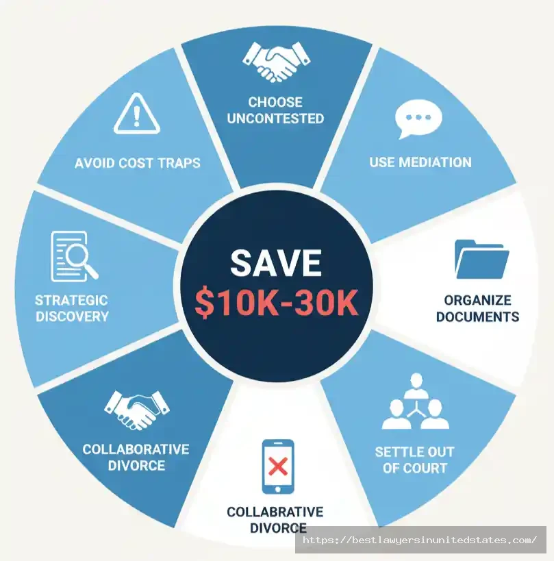 Circular infographic showing 8 proven strategies to reduce Texas divorce costs and save $10,000 to $30,000