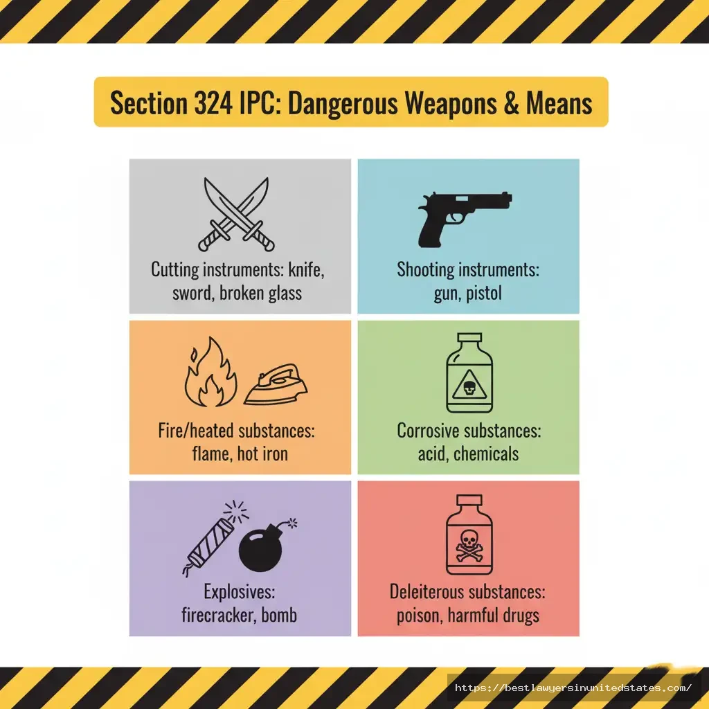 Classification of dangerous weapons under Section 324 IPC including cutting instruments, firearms, fire, acid, explosives, and poison