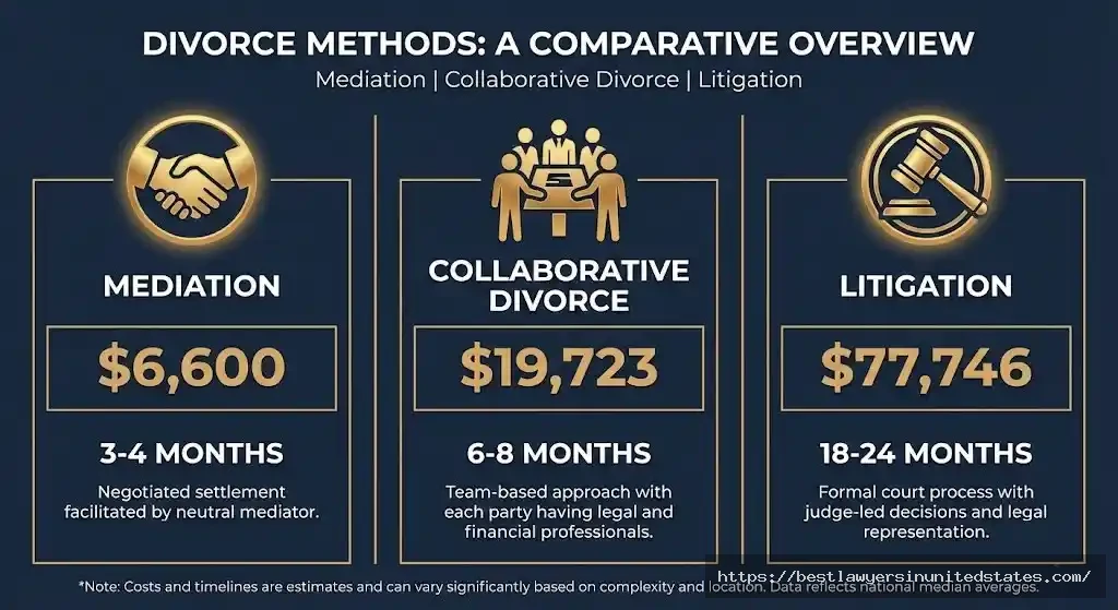 Collaborative divorce cost comparison chart showing mediation at $6600, collaborative divorce at $19723, and litigation at $77746