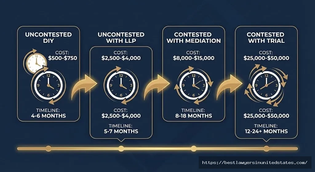 Colorado divorce cost breakdown by type showing timeline and expense ranges for each option