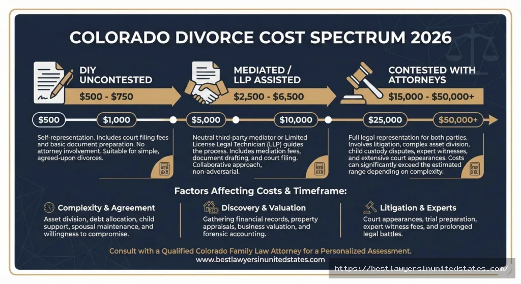 Colorado divorce cost ranges from $500 DIY to $50,000 contested in 2026