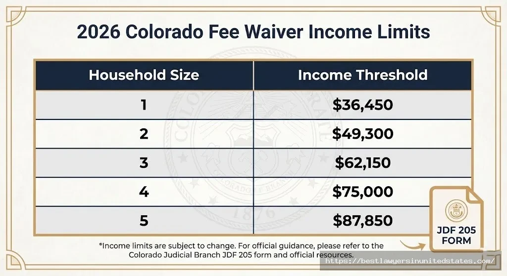 Colorado divorce fee waiver income eligibility limits for 2026 by household size