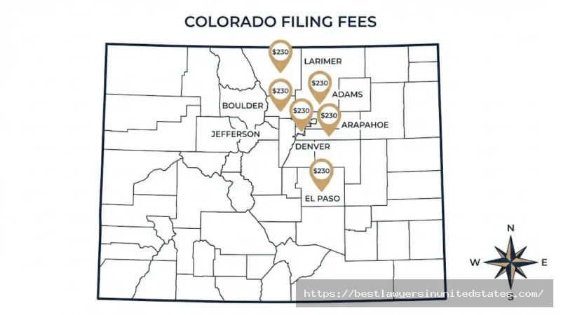 Colorado divorce filing fees by county map showing $230 standard fee across major counties