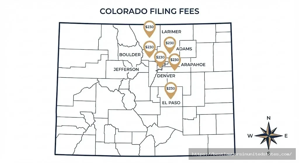 Colorado divorce filing fees by county map showing $230 standard fee across major counties