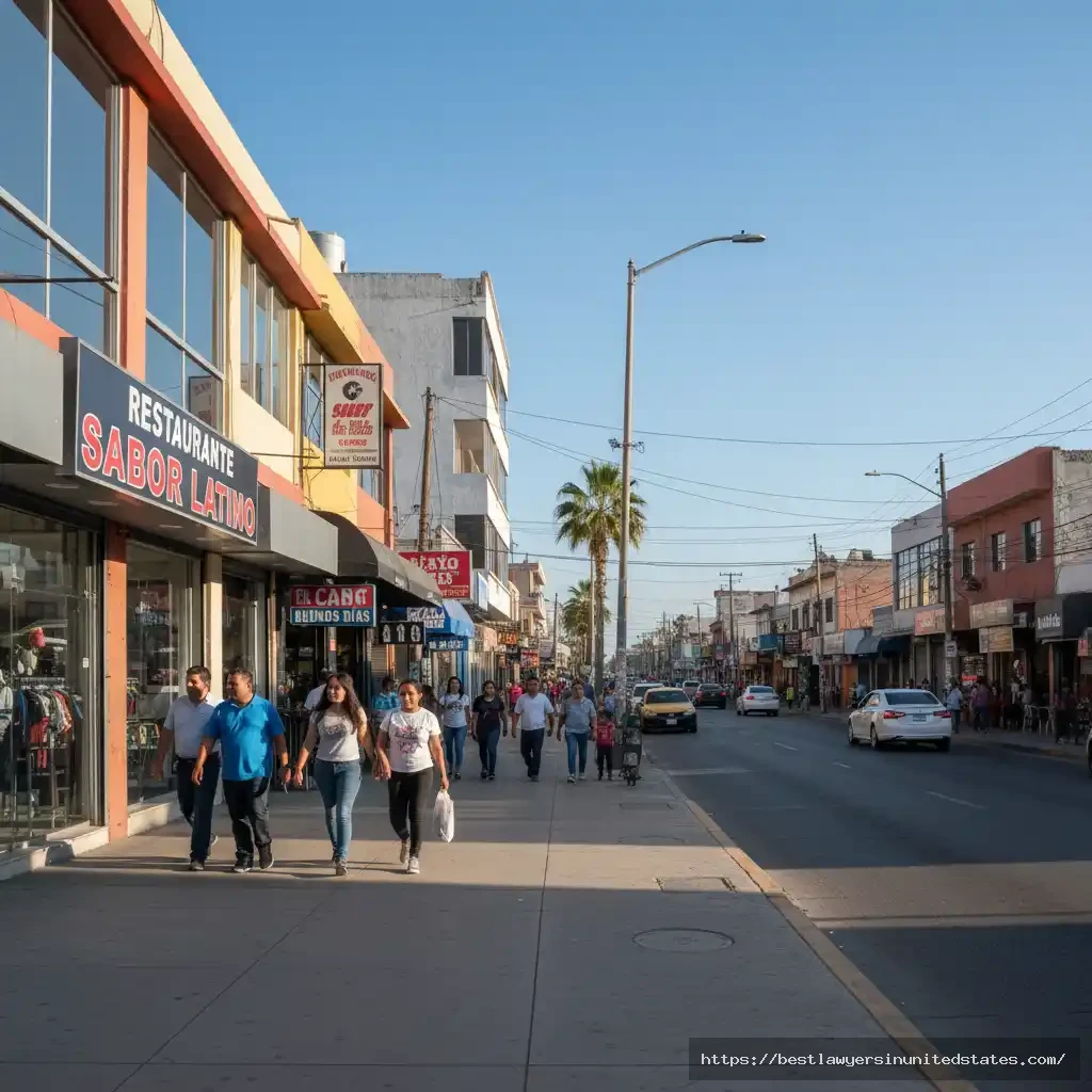 Commercial street view of Tijuana's Zona Norte district during daytime showing local businesses