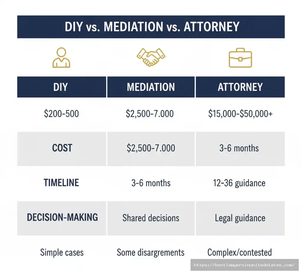 Comparison chart of DIY divorce vs mediation vs attorney showing costs, timelines, control levels, and best use cases